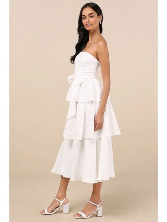 Lulus Truly Marvelous Midi Dress Sz Medium White Jacquard Strapless Tiered Belt - Picture 5 of 7